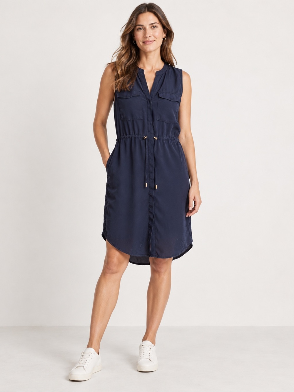 Navy Sleeveless Utility Shirt Dress Drawstring Waist
